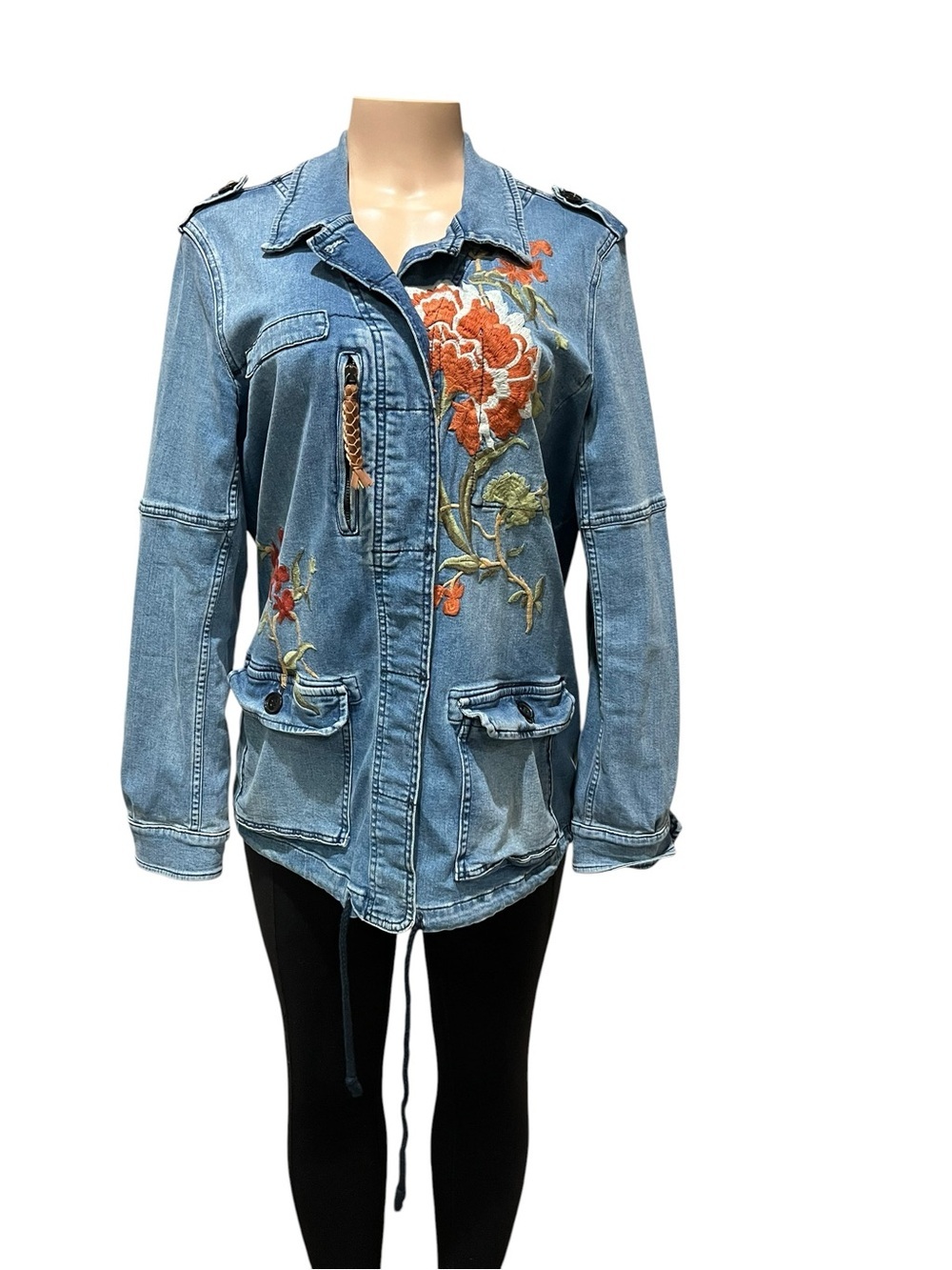 Pilcro Light Blue 100% Cotton Denim Jacket with Orange Floral Embroidery - Picture 2 of 9